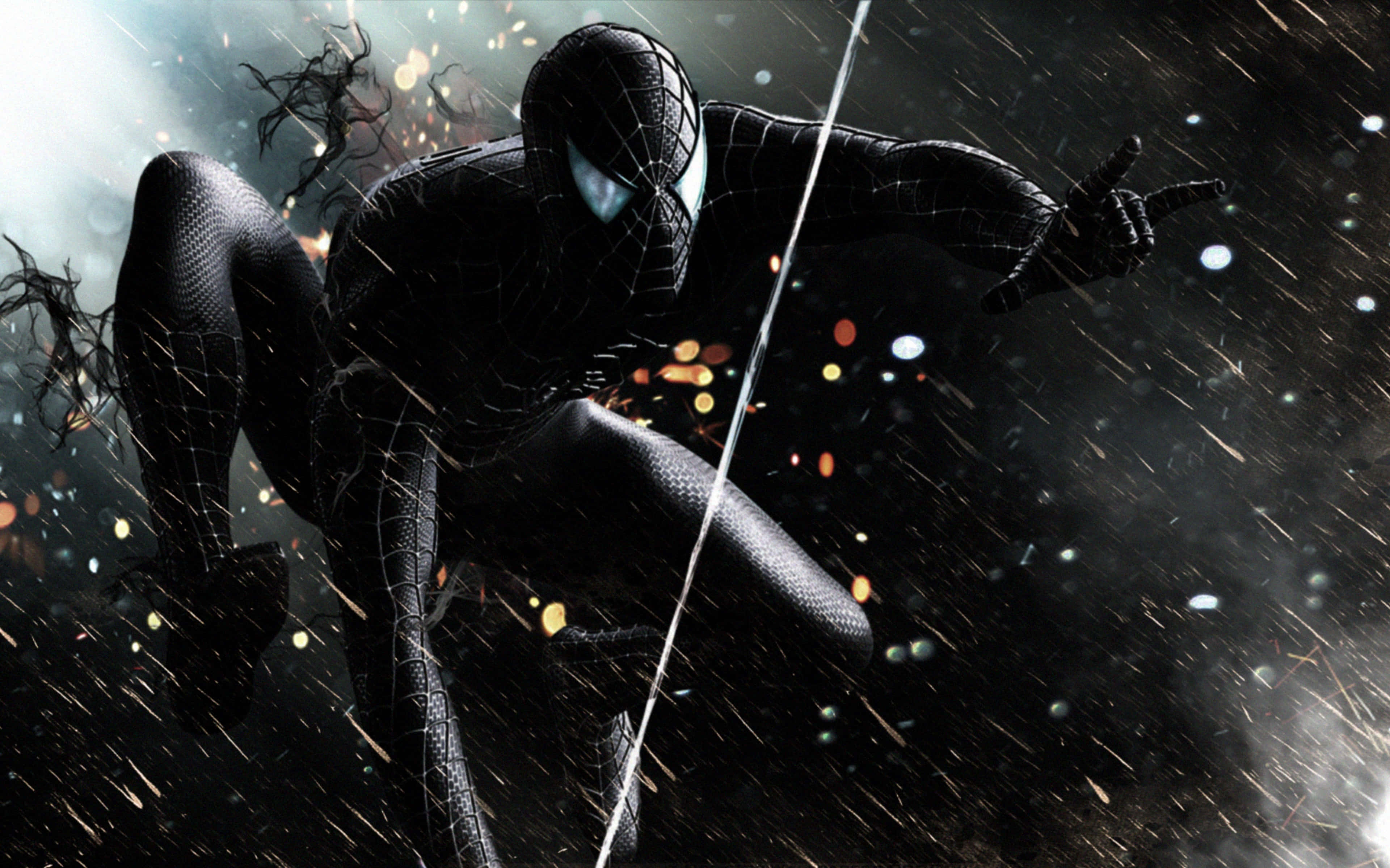 Spider Man 3 桌布 壁紙 — 黑色蜘蛛俠在暴風雨的夜空中擺盪，雙眼發光，蜘蛛絲在身後飄揚。