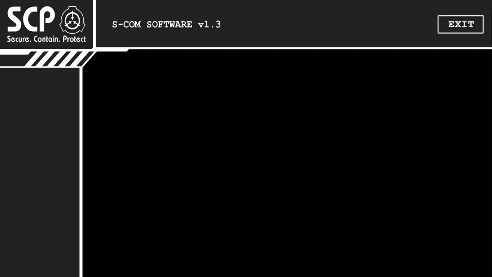 Scp 桌布 壁紙 — 黑色螢幕上顯示SCP軟件界面，以簡約白色文字顯示'Secure Contain Protect'及版本v1.3。