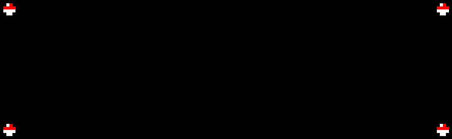 黑色螢幕紅十字標記 壁紙 — 黑色背景，角落有四個像素化蘑菇圖標。
