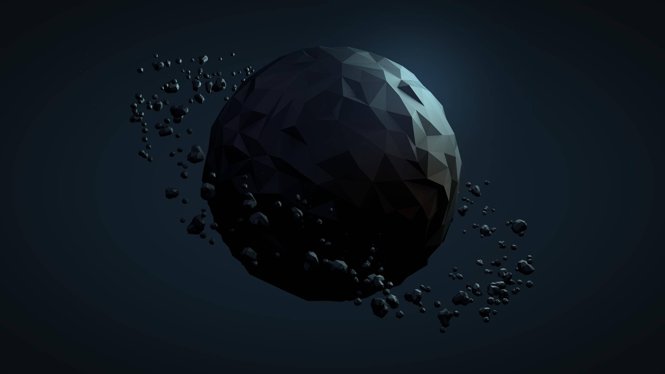 黑色行星多邊形藝術 壁紙 — 一個低多邊形黑色星球，具有幾何面及軌道碎片，背景為深色漸變。