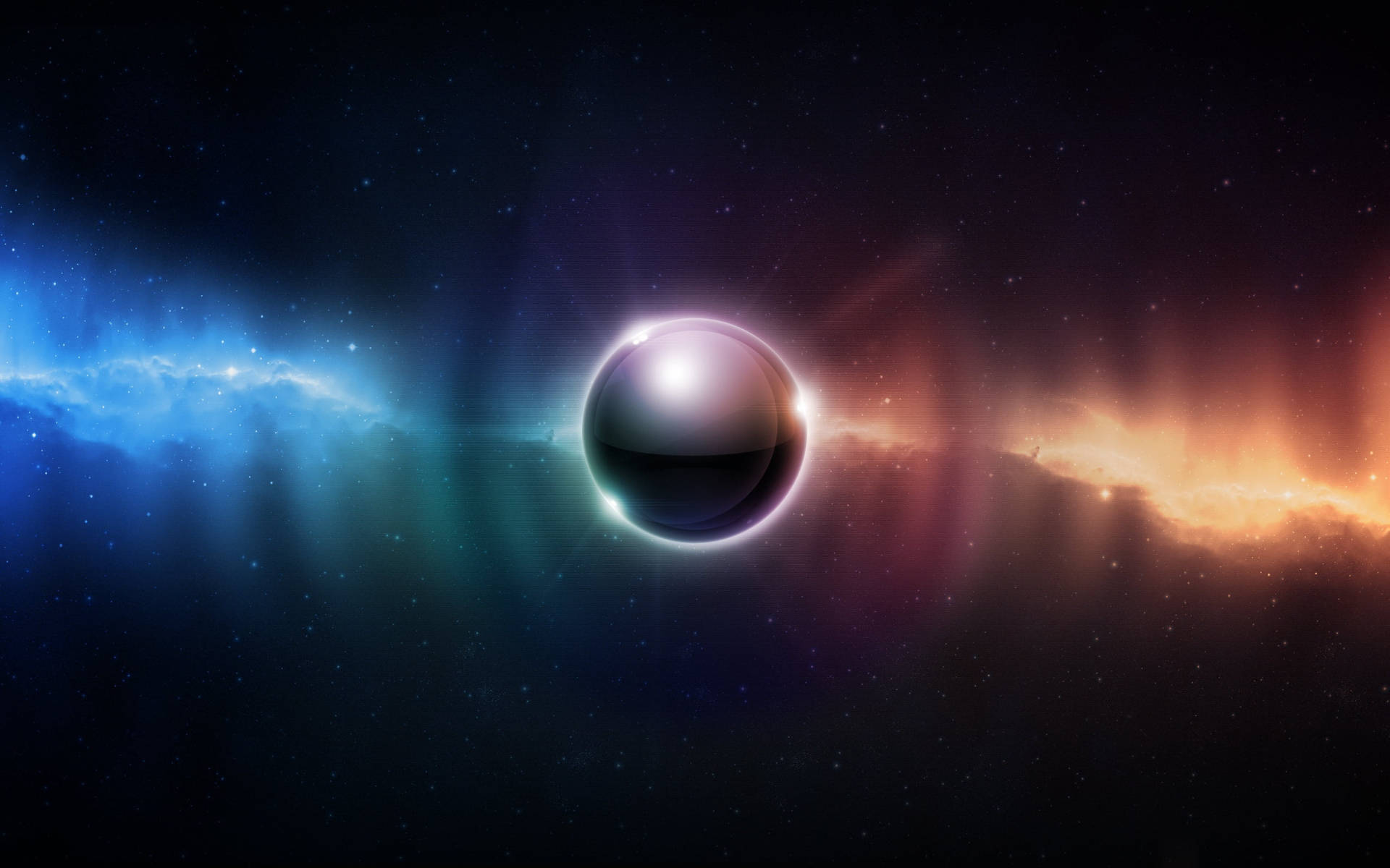 黑色行星對比宇宙 壁紙 — 一個帶有發光吸積盤的宇宙黑洞主宰著被鮮豔藍色和橙色星雲分割的星場。