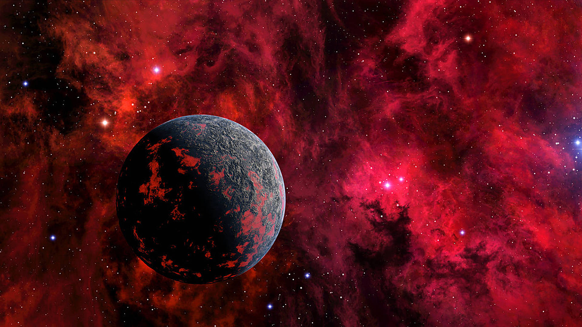一顆在充滿星星的紅色星雲中帶有紅色標記的黑暗行星。
