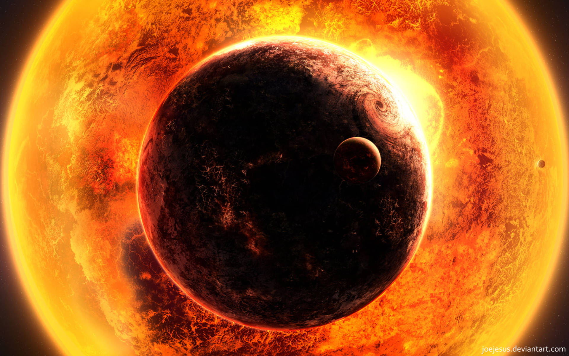 黑色行星與太陽 壁紙 — 一顆帶有旋轉風暴的黑暗行星，圍繞著一顆熾熱的橙色太陽運行，太陽有猛烈的太陽耀斑和較小的衛星，在宇宙虛空中。