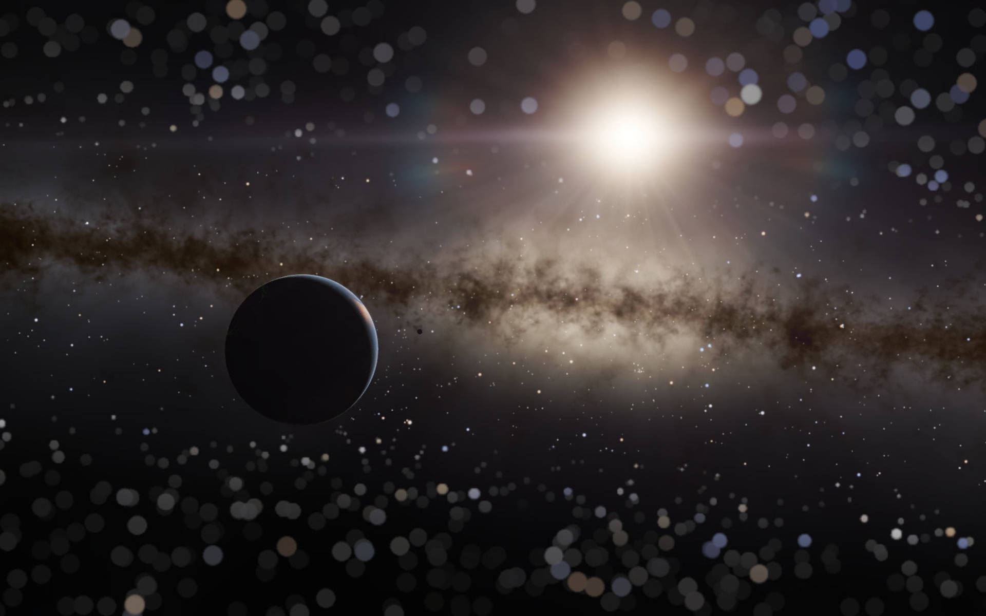 黑色行星與星辰 壁紙 — 一顆黑暗行星在發光的恆星和旋轉的宇宙塵埃前，在星場中寧靜地漂浮。