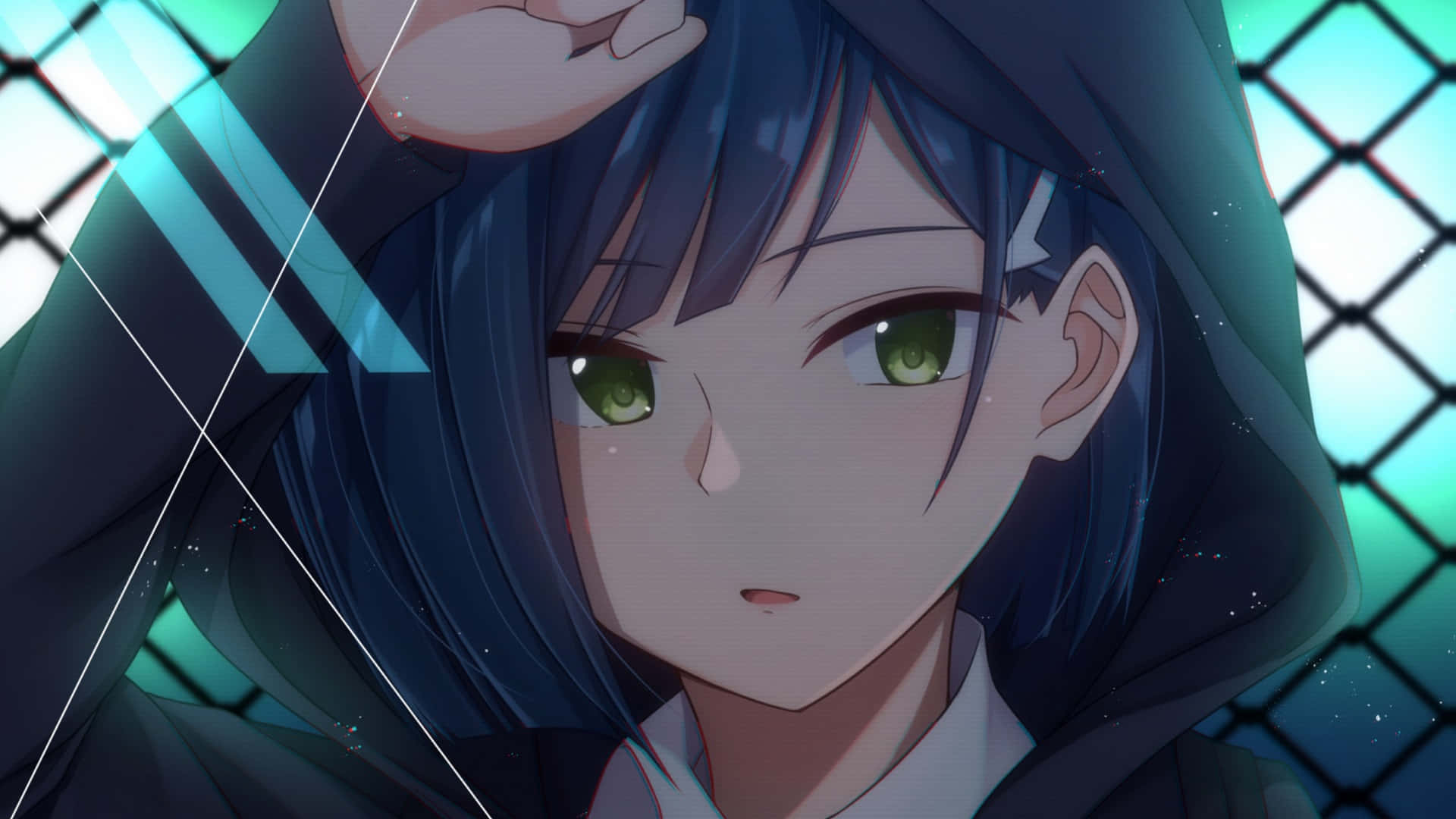 黑色衛衣藍髮少女 壁紙