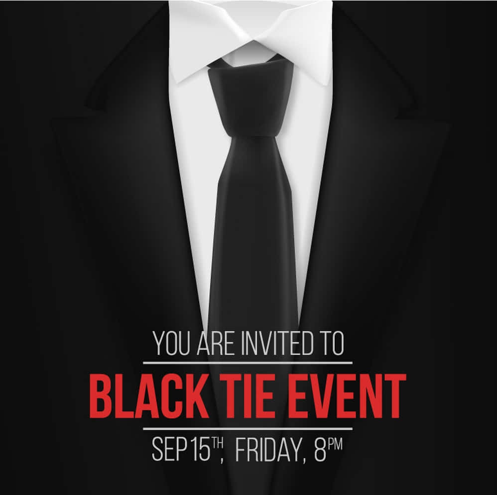 Black Tie Event 桌布 壁紙 — 黑色西裝、白恤衫、黑色領帶的特寫，上面有粗體紅色文字宣布黑領結活動。