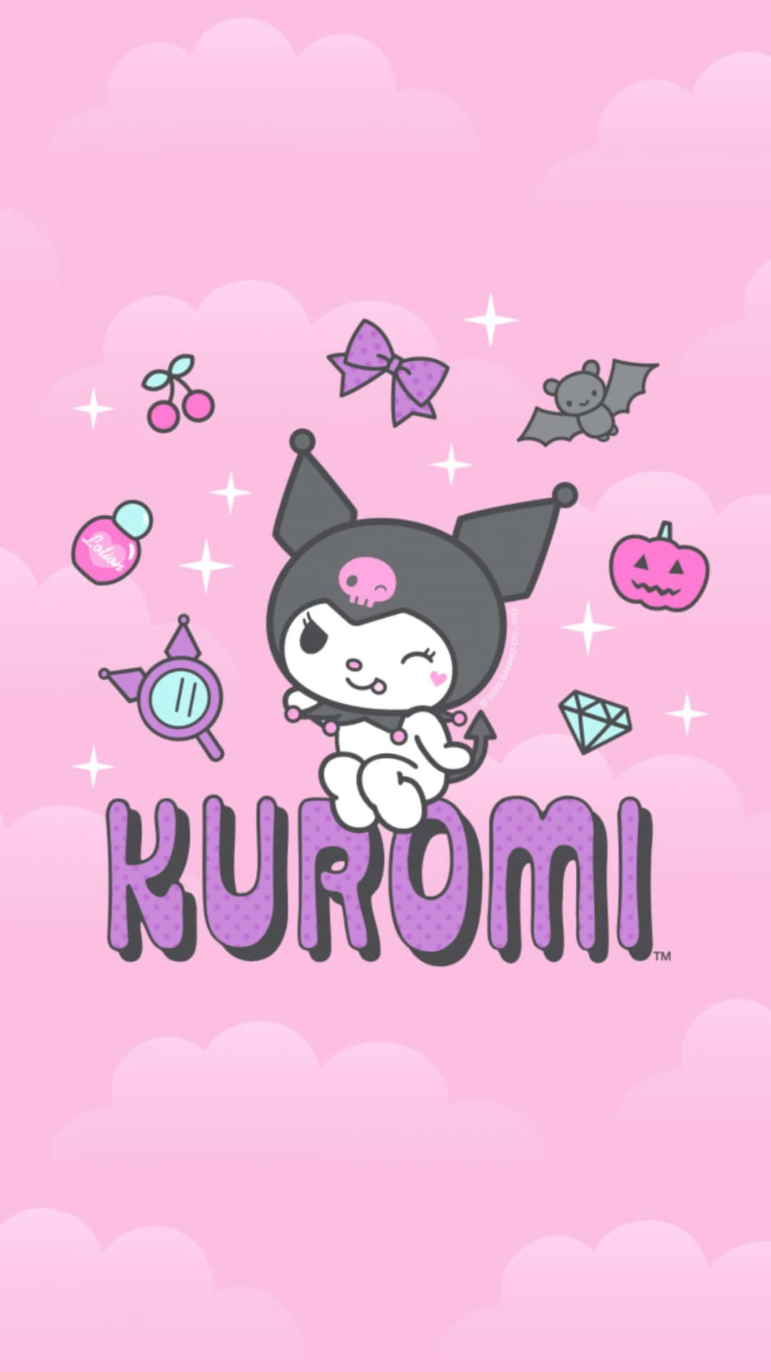 Kuromi Kawaii 桌布 壁紙 — 黑色貓咪角色Kuromi在粉紅雲朵和萬聖節主題圖標之間快樂漂浮，背景為粉彩粉紅色。