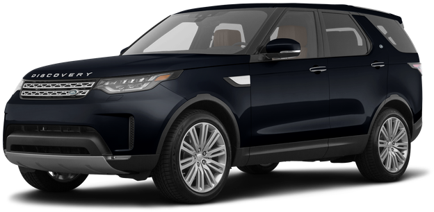 黑色路虎發現車側面視圖 壁紙 — 一輛時尚的黑色 Land Rover Discovery SUV，在工作室燈光下展示，帶有鍍鉻飾邊和合金輪圈。