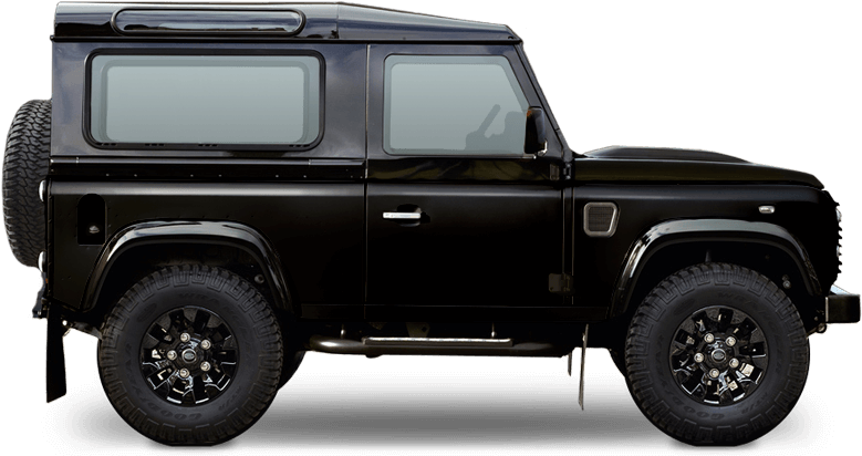 黑色路虎衛士側面視圖 壁紙 — 一輛時尚的黑色 Land Rover Defender 側面展示在透明背景上，下方帶有微妙的紅色光芒。