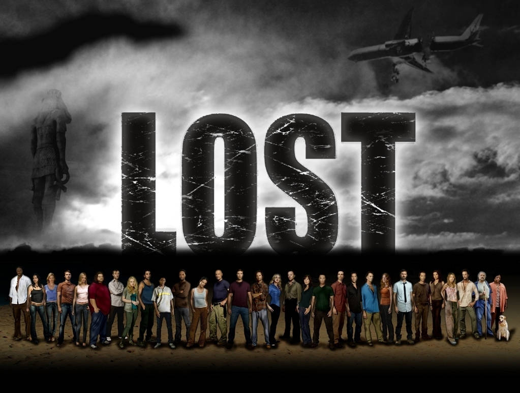 《LOST》演員站在節目標題前，背景有墜毀的飛機和巨大的雕像。