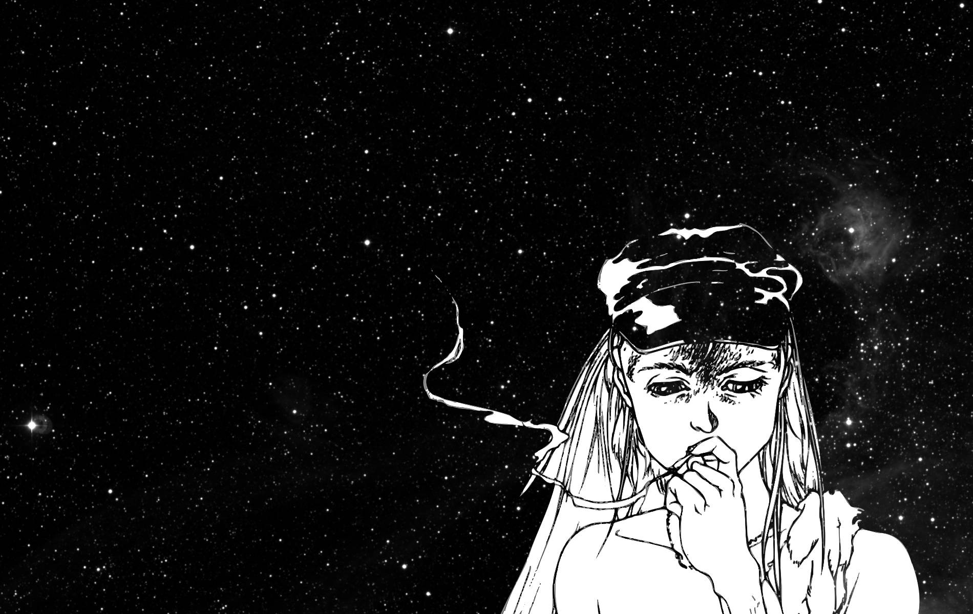 動漫女孩在星空下抽煙