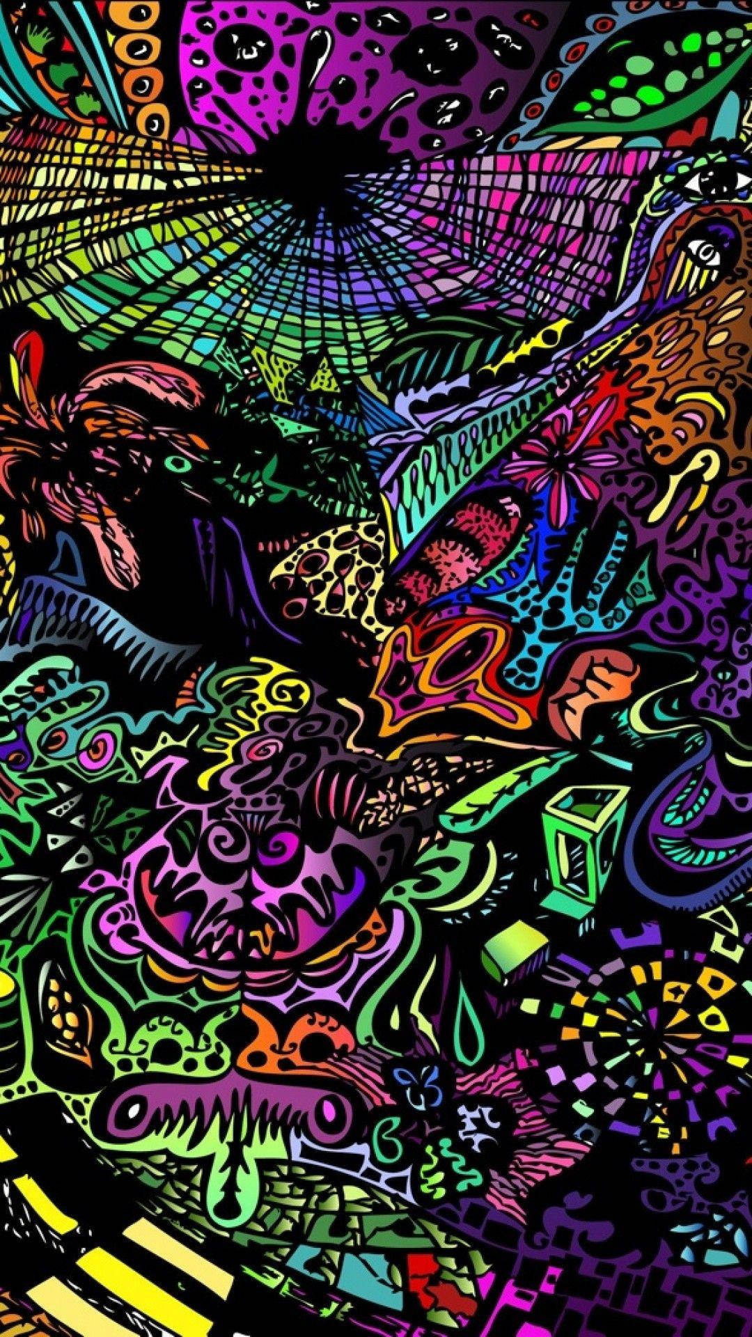 黑色背景上帶有漩渦圖案和霓虹色彩的充滿活力的抽象藝術。