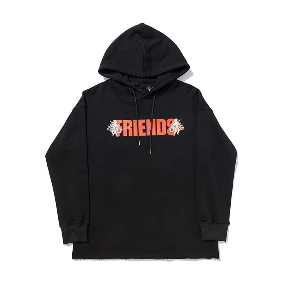 Vlone 桌布 壁紙 — 黑色連帽衛衣，純白色背景上帶有粗體橙色 'FRIENDS' 文字和花卉圖案。