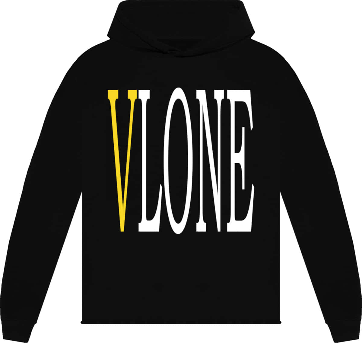 Vlone 桌布 壁紙 — 黑色連帽衛衣，胸前中央有粗體白色和黃色 'VONE' 標誌，背景為純白色。