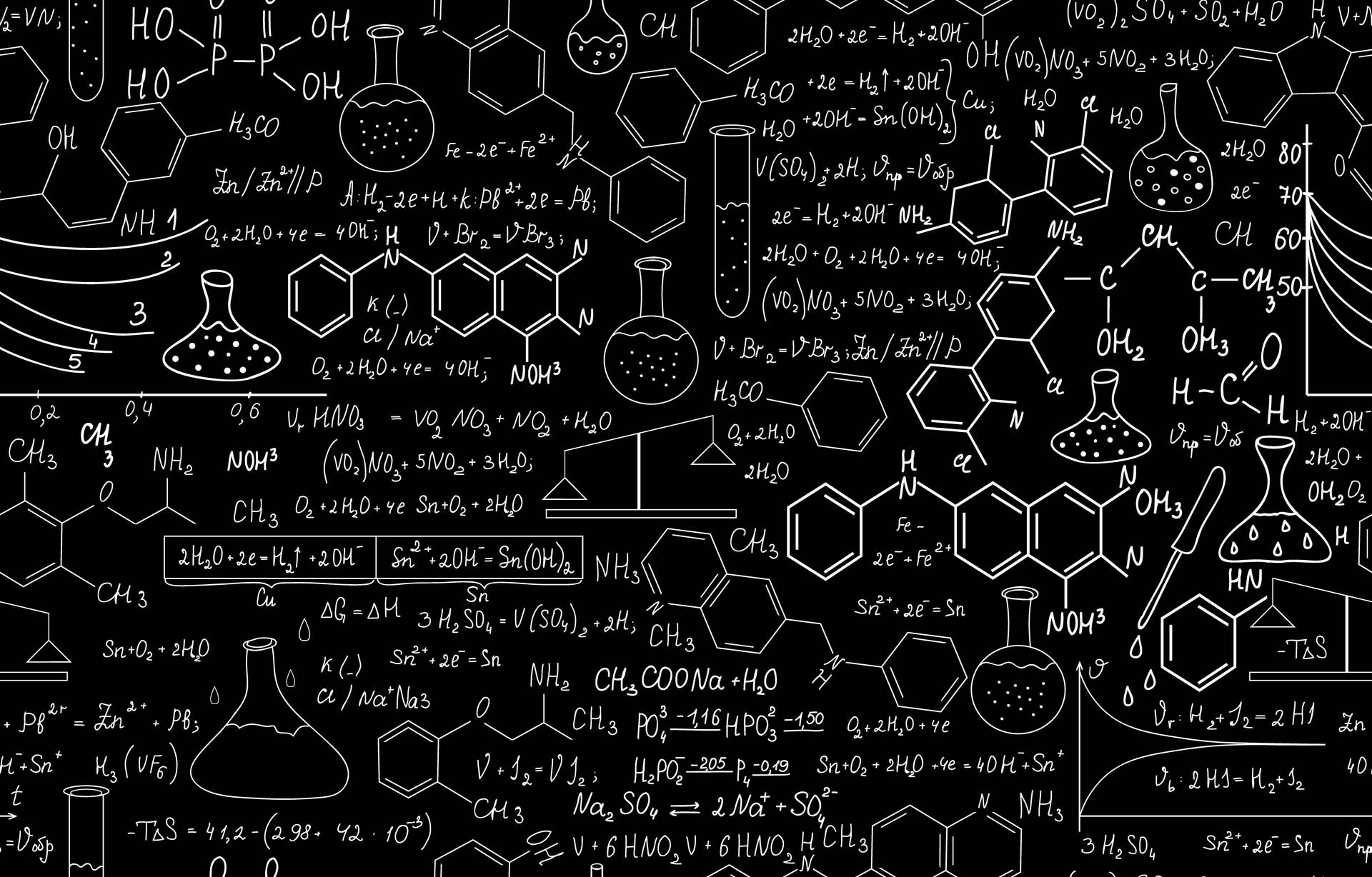 黑板上佈滿了白色粉筆寫的化學方程式和分子圖表。