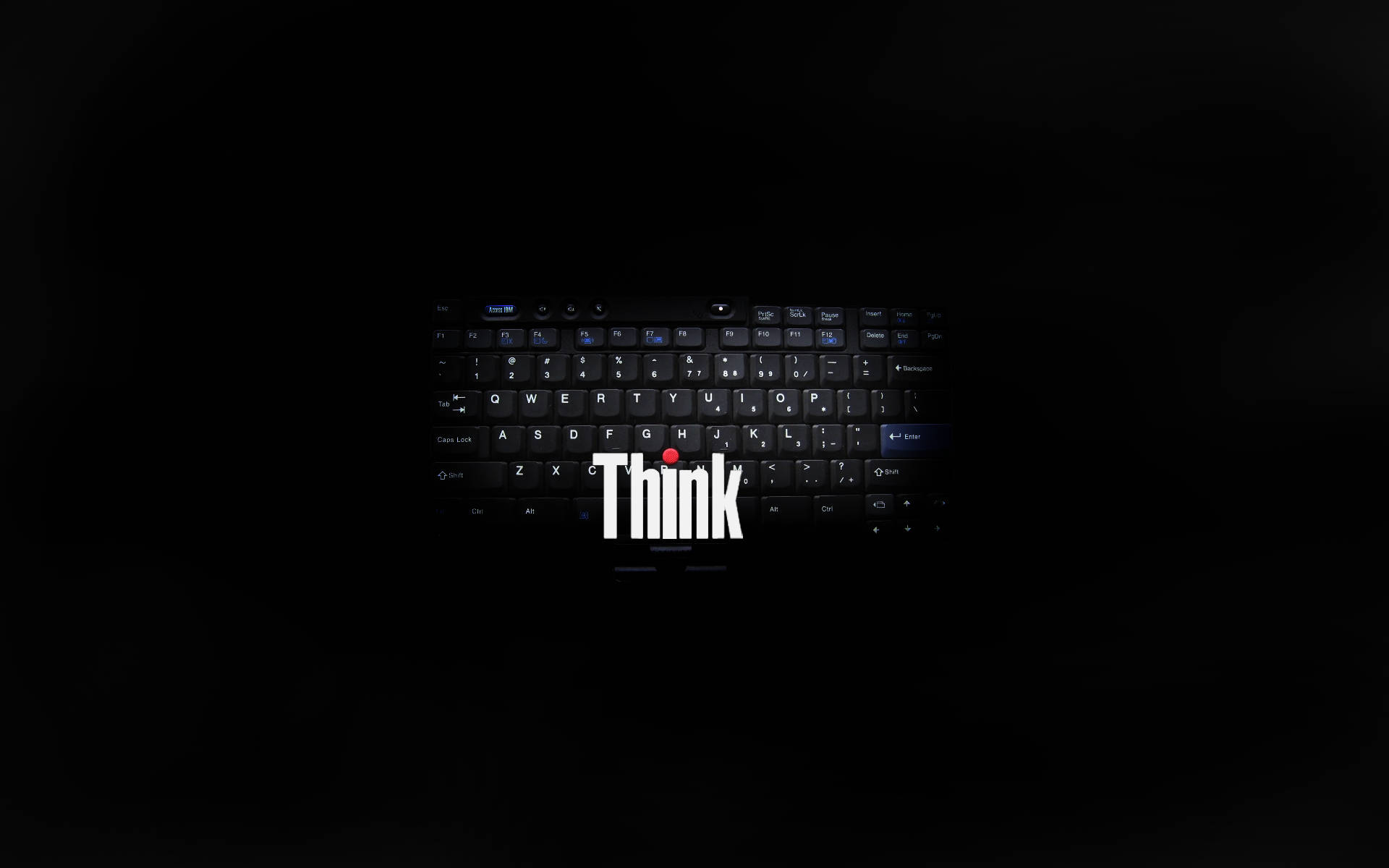 黑色手提電腦鍵盤，帶有發光白色Think標誌和紅點，背景為黑暗。