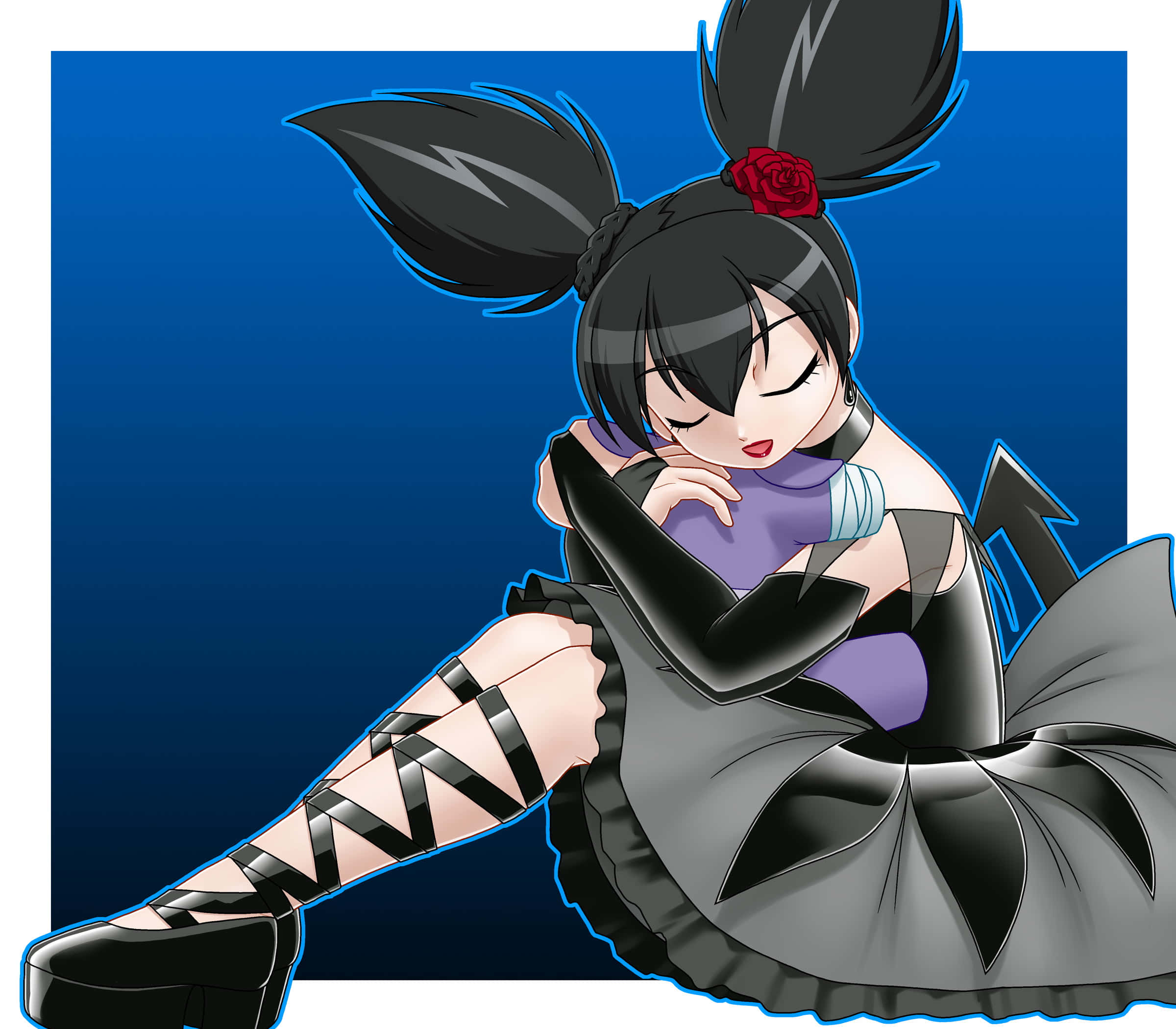 Kuromi Fanart 桌布 壁紙 — 黑色雙馬尾、戴著紅色玫瑰髮飾的動漫女孩，穿著黑色連衣裙蜷縮在深藍色漸變背景前。