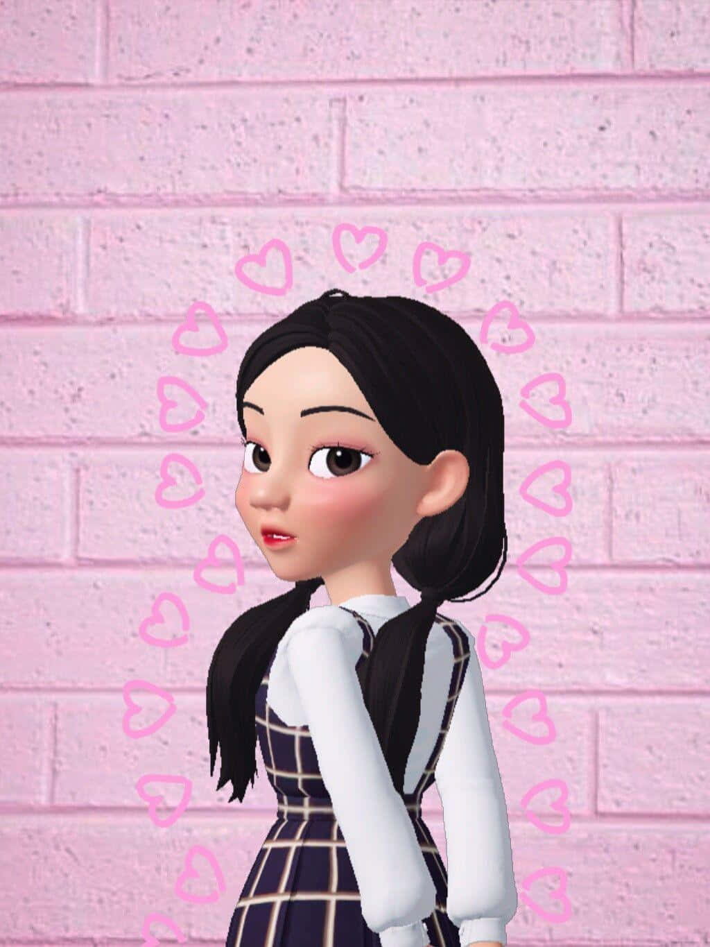 Zepeto 桌布 壁紙 — 黑色雙馬尾辮、身穿格仔裙的動漫女孩，站在粉紅磚牆前，周圍漂浮著心形圖案。