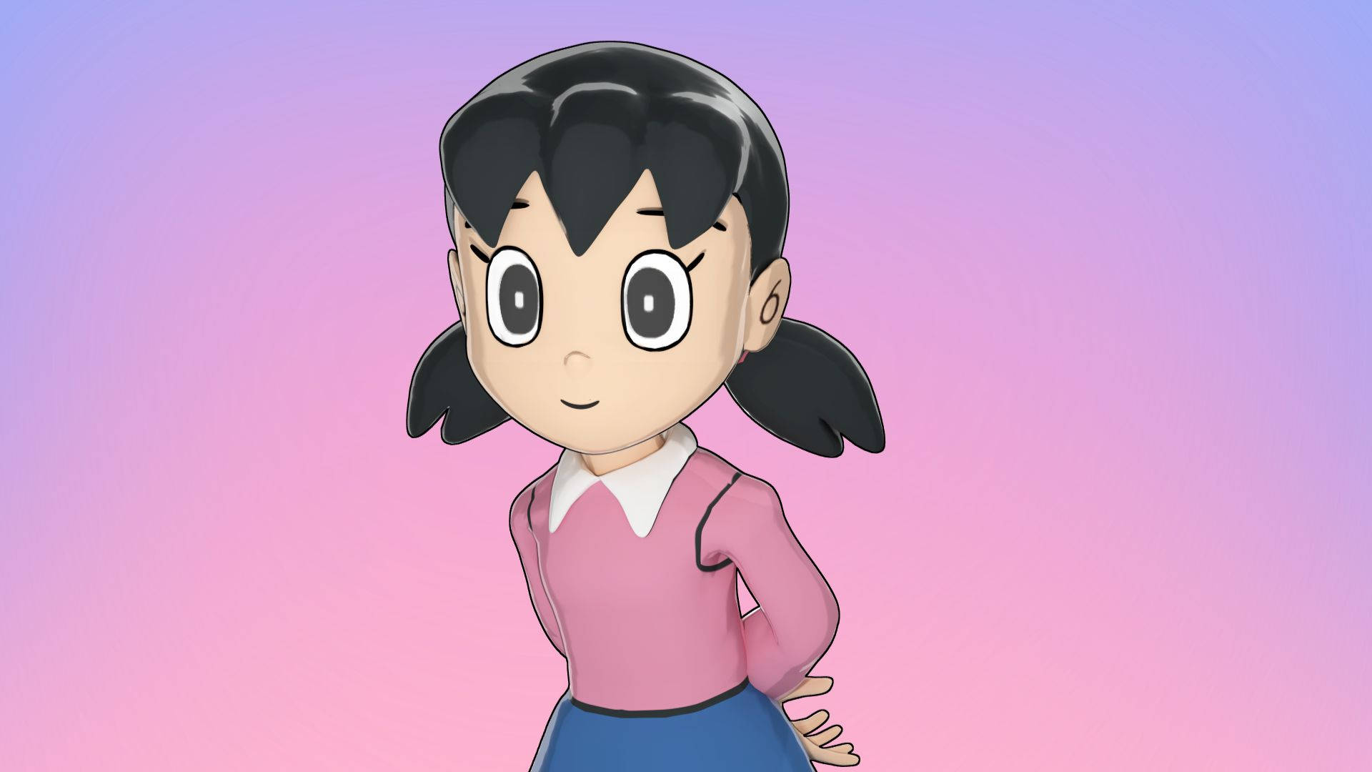 漸變動畫 桌布 壁紙 — 黑色雙馬尾辮、身穿粉紅色毛衣的動漫女孩，站在柔和的紫色和粉紅色漸變背景前。