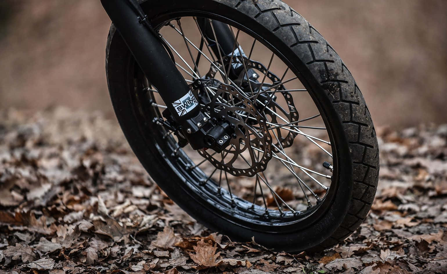 Electric Bike 桌布 壁紙 — 黑色電單車車輪的特寫，配備堅固輪胎和碟式煞車，停放在一層乾燥的秋葉上。