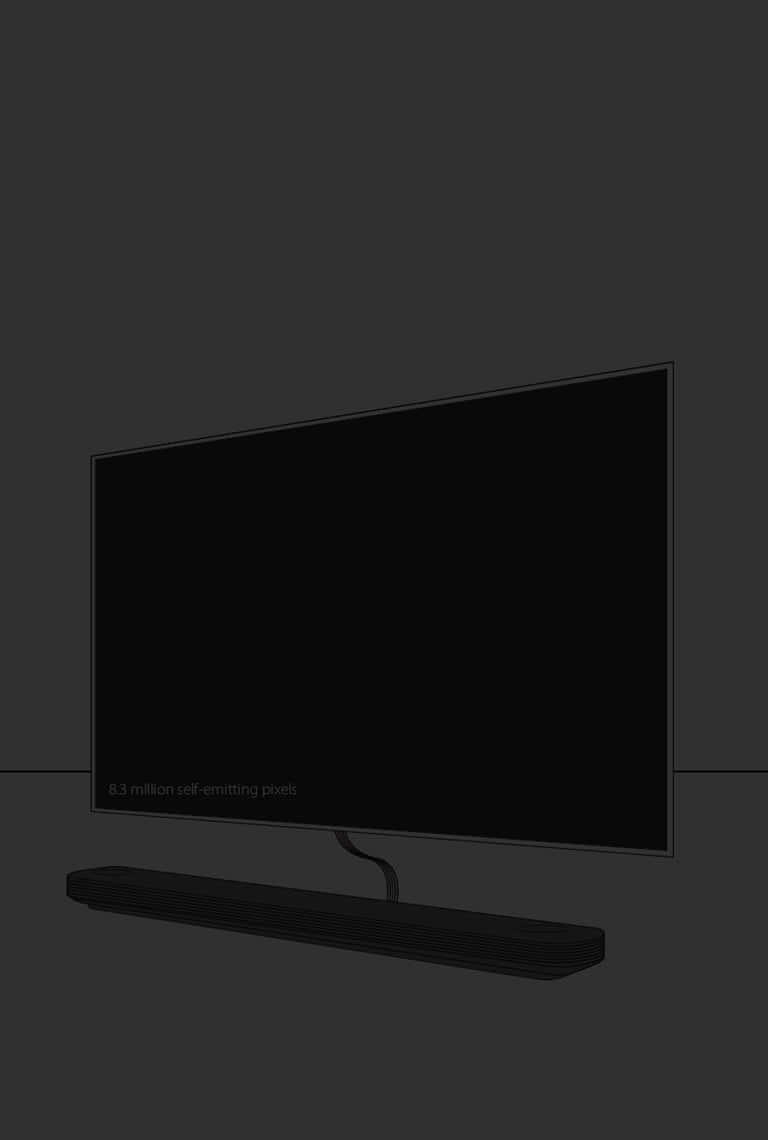 現代黑色電視機連條形音箱，在黑暗房間中顯示自發光像素的文字。
