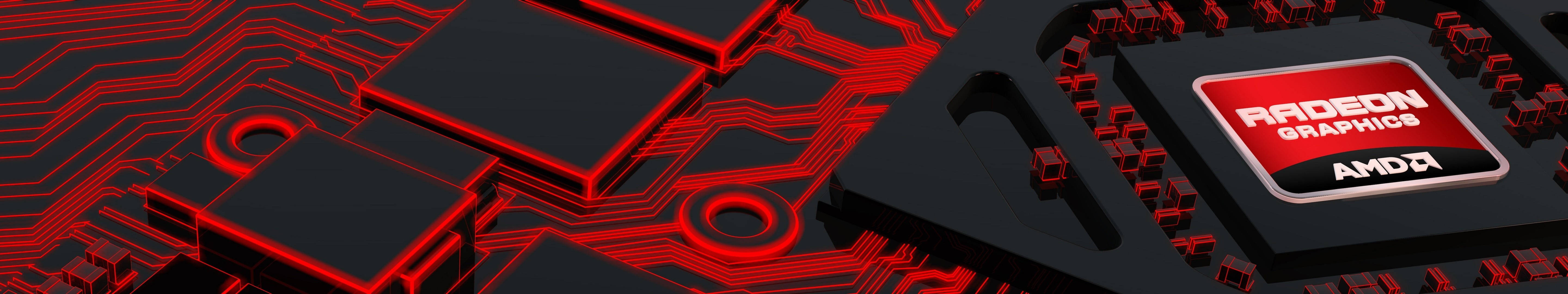 4K 桌布 壁紙 — 黑色電路板特寫，帶有發光的紅色線路和AMD Radeon Graphics晶片。