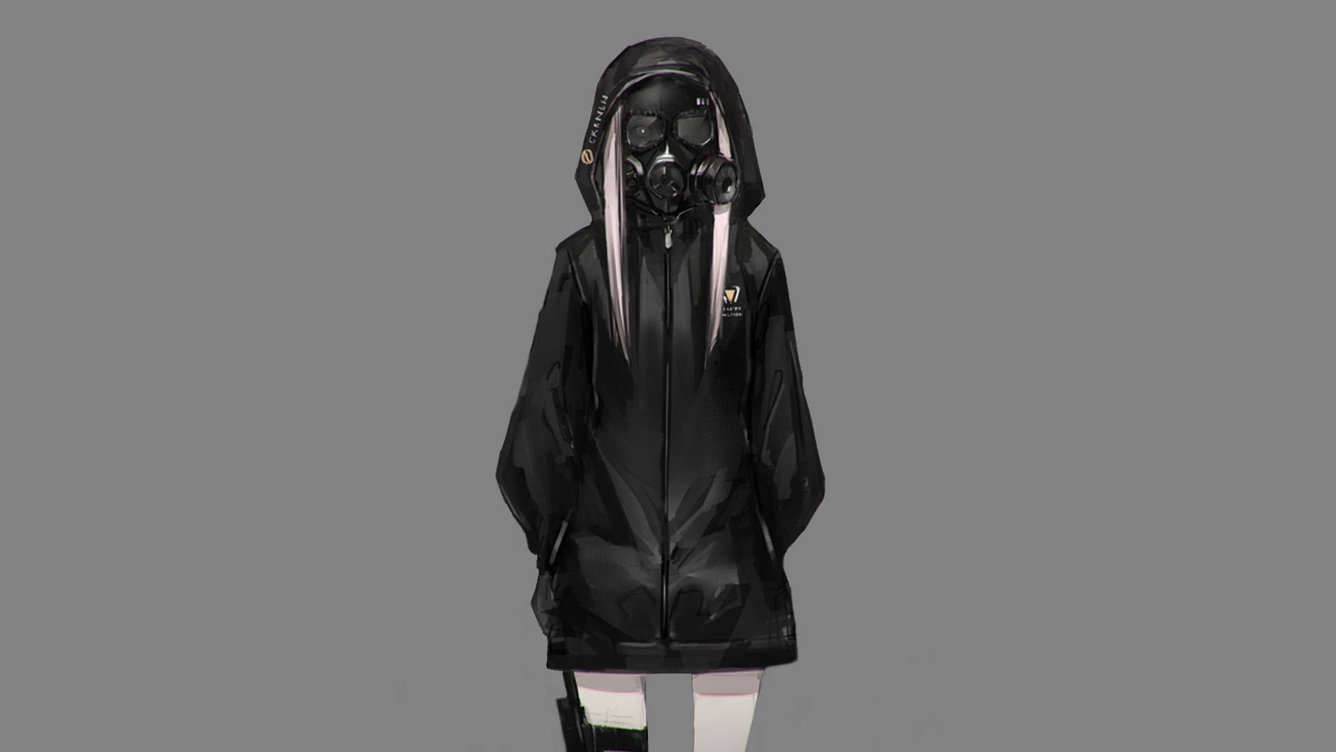 黑色面具動漫少女連帽衫 壁紙 — 一個人穿著黑色連帽外套和防毒面具，粉紅色髮絲在純灰色背景上清晰可見。