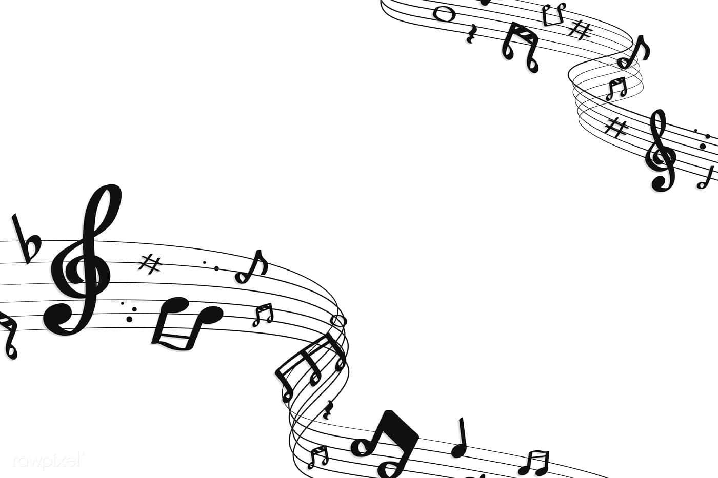 Black And White Music 桌布 壁紙 — 黑色音符與五線譜在純白背景上以優雅流暢的線條動態旋轉。