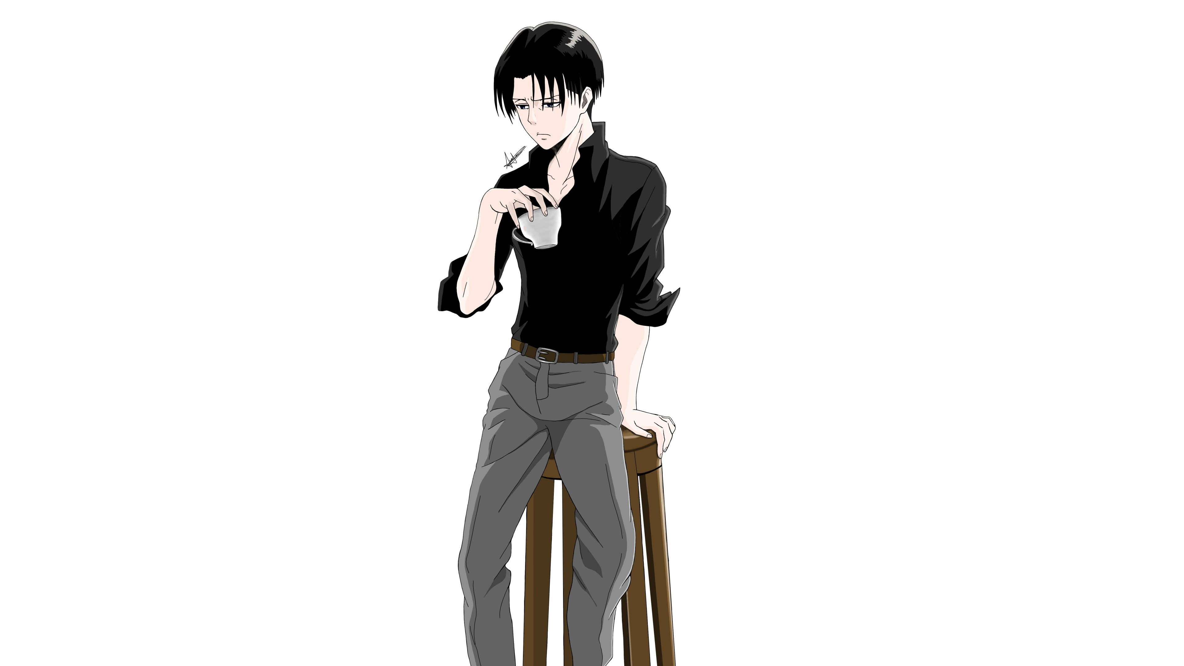 Levi 桌布 壁紙 — 黑色頭髮、眼神銳利的動漫角色，靠著凳子，在純白背景前從杯子裡啜飲。