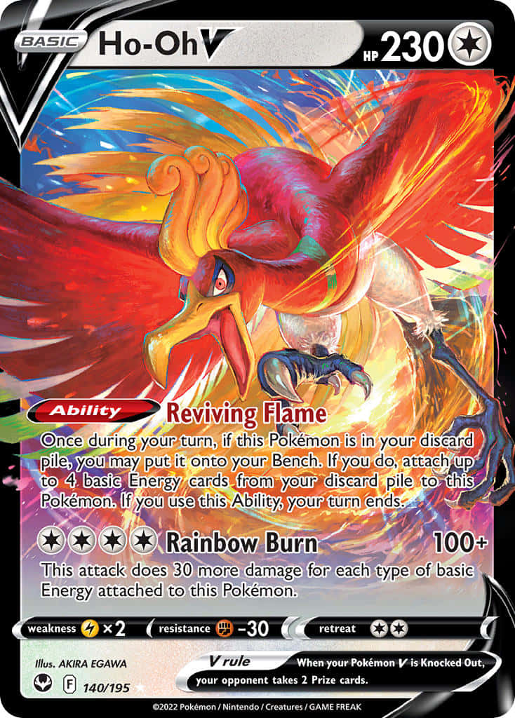 Ho-Oh V寶可夢卡，帶有火熱的翅膀和發光的眼睛。
