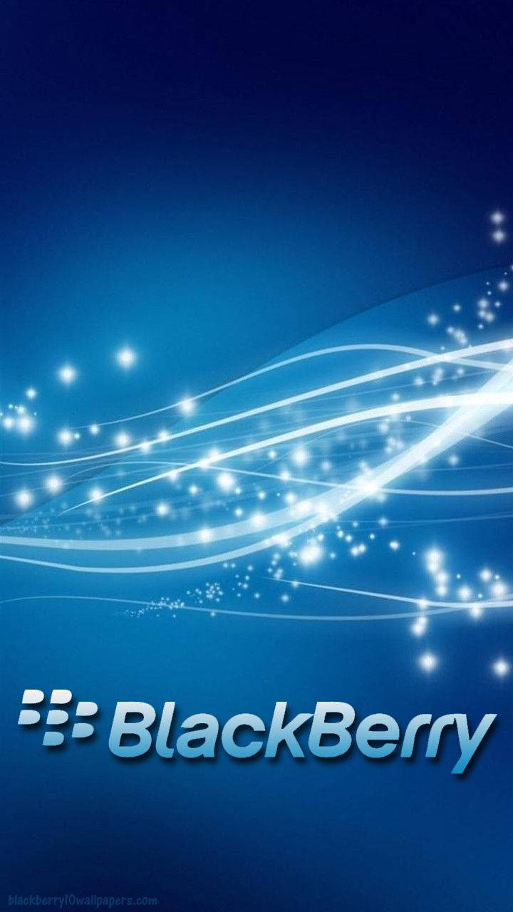黑莓閃耀光點 壁紙 — 時尚的藍色漸變壁紙，帶有發光的白色條紋和閃光，並帶有BlackBerry標誌。