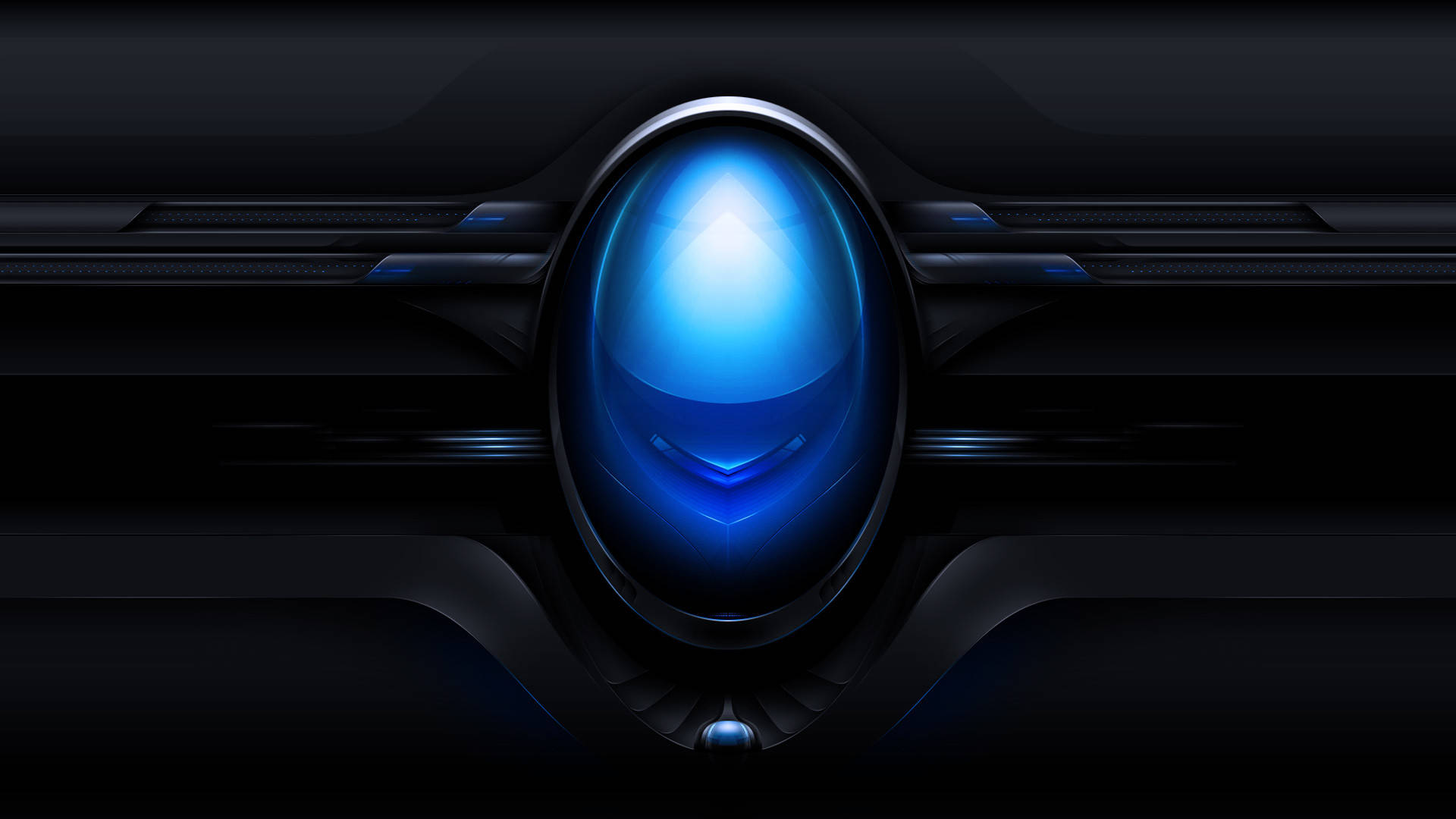 黑藍Alienware標誌 壁紙 — 一個發光的藍色球體，位於時尚的黑色未來感面板中央，帶有金屬裝飾和微妙的燈光效果。