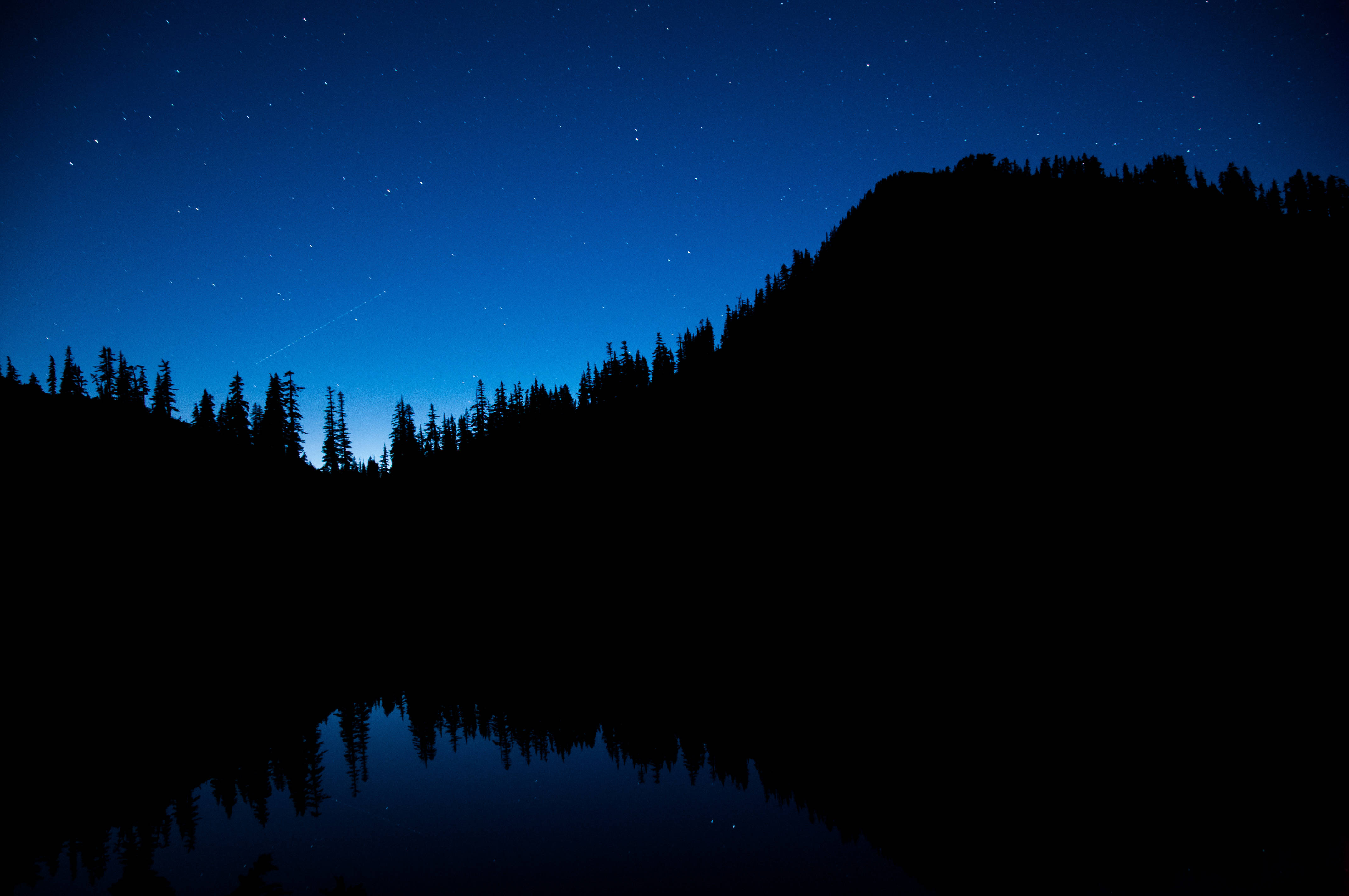 黑藍色風景 壁紙 — 星空之夜映照在平靜的湖面上，四周被黑暗的森林山丘環繞。