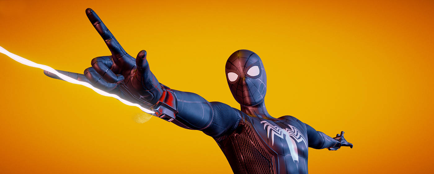 黑蜘蛛人出現在Fortnite 壁紙 — 身穿黑色戰衣的蜘蛛俠伸出手發射蜘蛛絲，背景是充滿活力的橙色漸變。