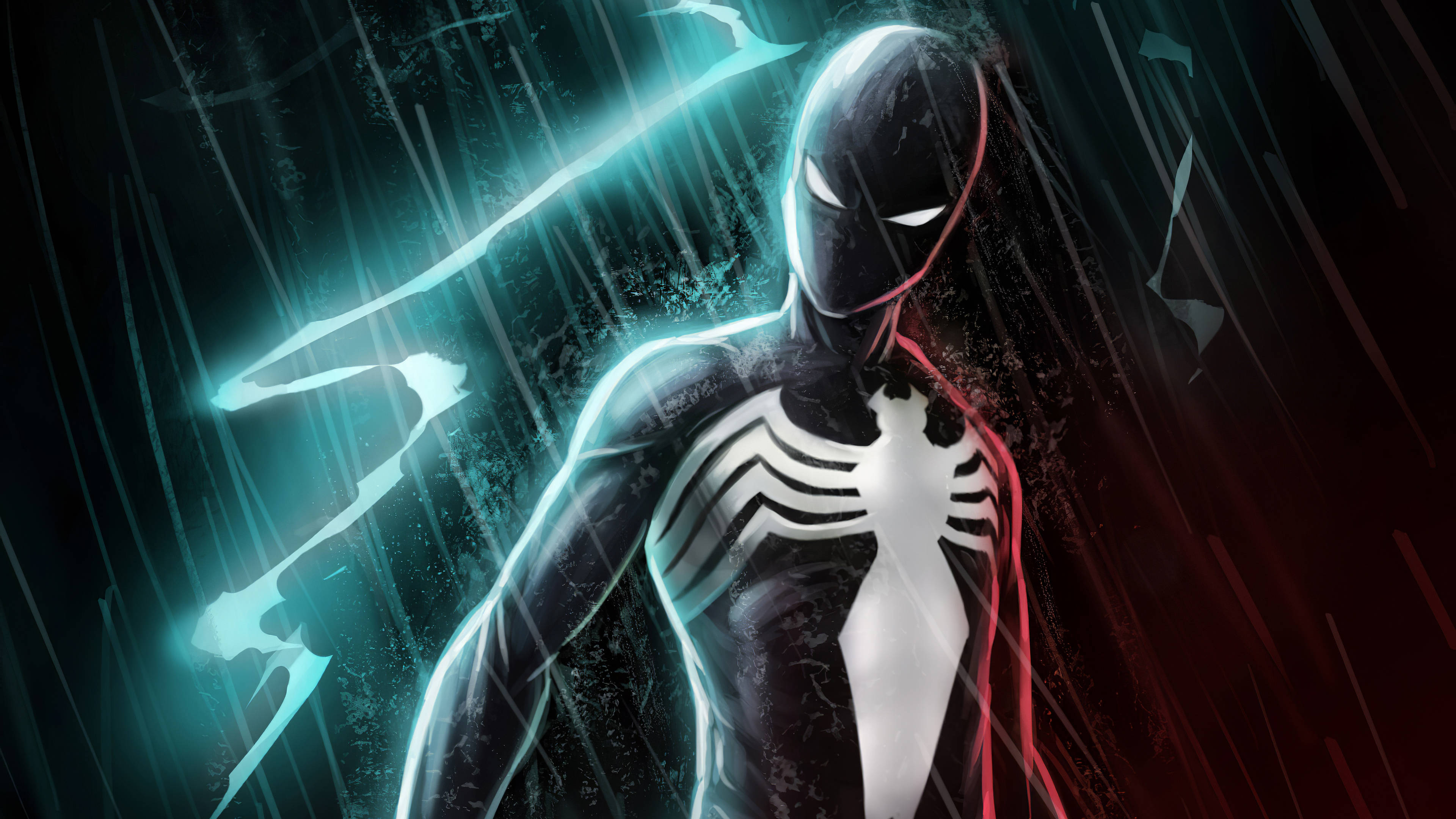 黑蜘蛛人閃電 壁紙 — Venom 喺黑暗背景中企喺暴雨入面，帶有發光藍色能量條紋同紅色點綴。