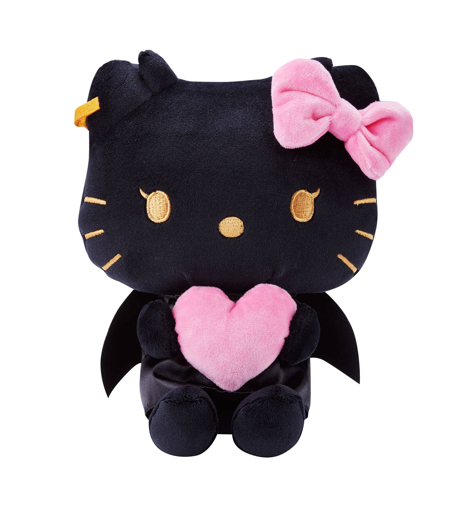 黑蝙蝠Hello Kitty萬聖節 壁紙 — 一個黑色毛絨Hello Kitty公仔，帶有粉紅色蝴蝶結和蝙蝠翅膀，在白色背景上拿著一個粉紅色心形。