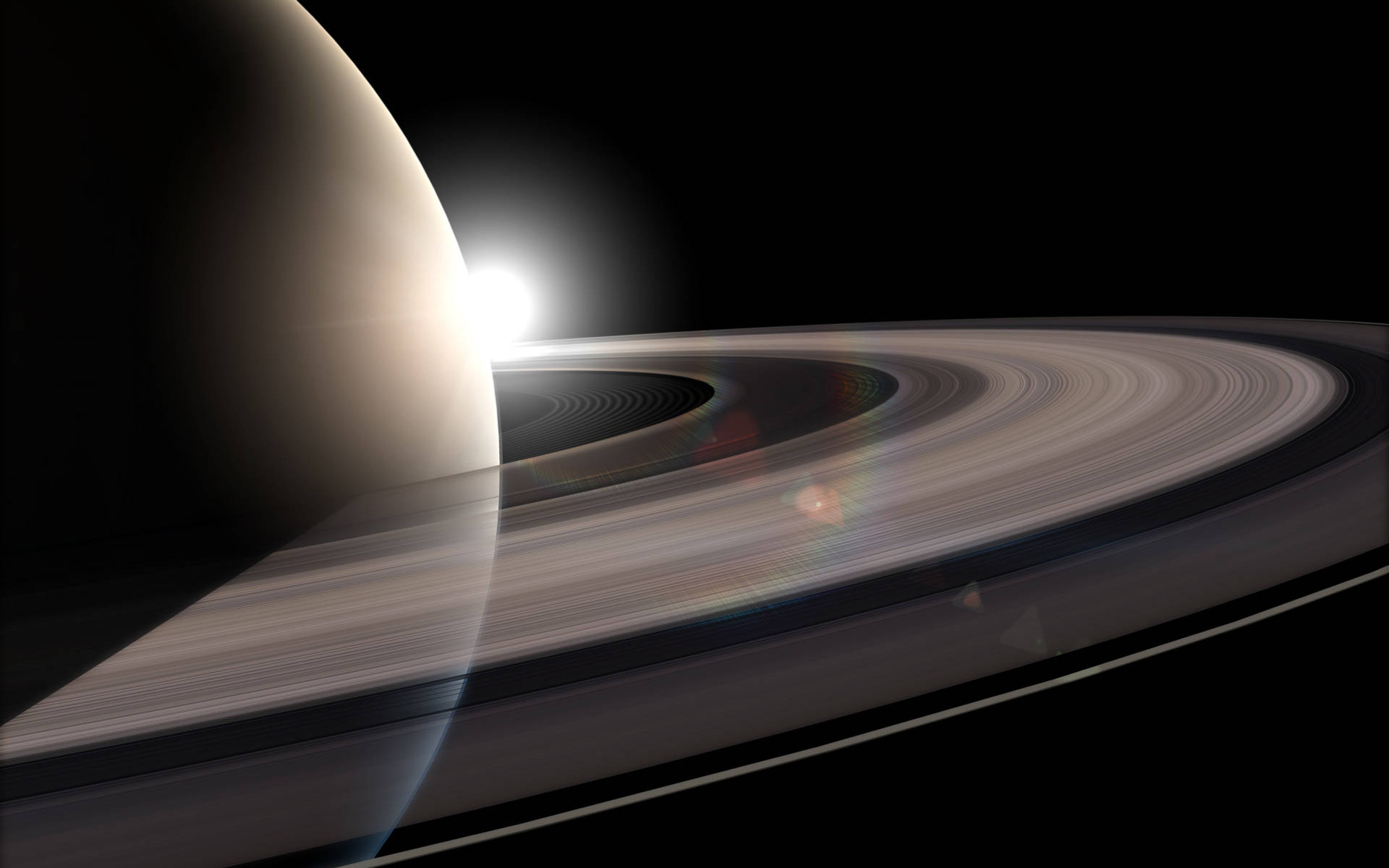 黑行星土星與星辰 壁紙 — 土星及其標誌性光環在明亮太陽下閃耀，映襯著太空的漆黑，景色令人驚嘆。