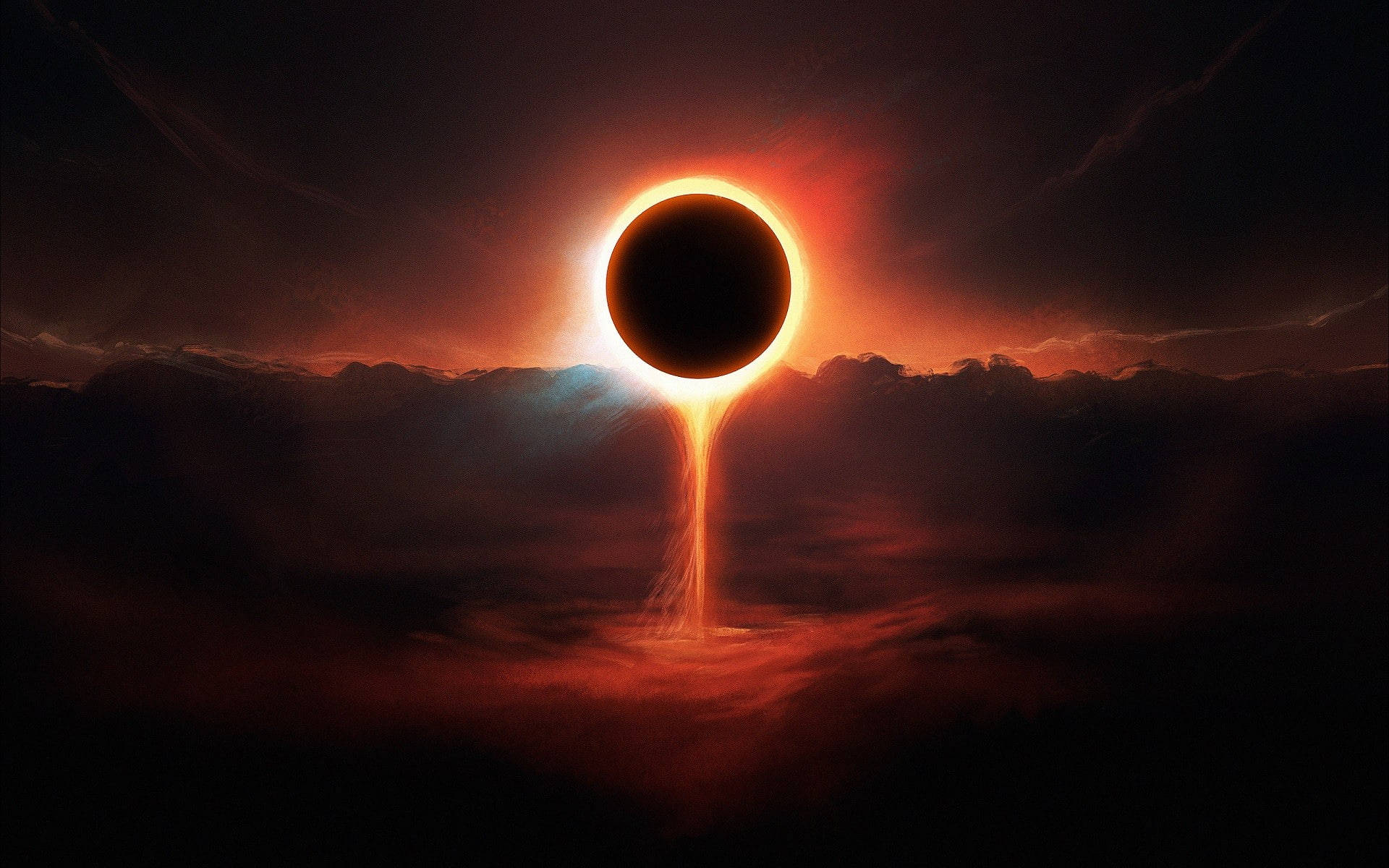 黑行星對抗紅光 壁紙 — 在熾熱的天空下，戲劇性的日食，帶有發光的日冕和一道光芒射入雲層。