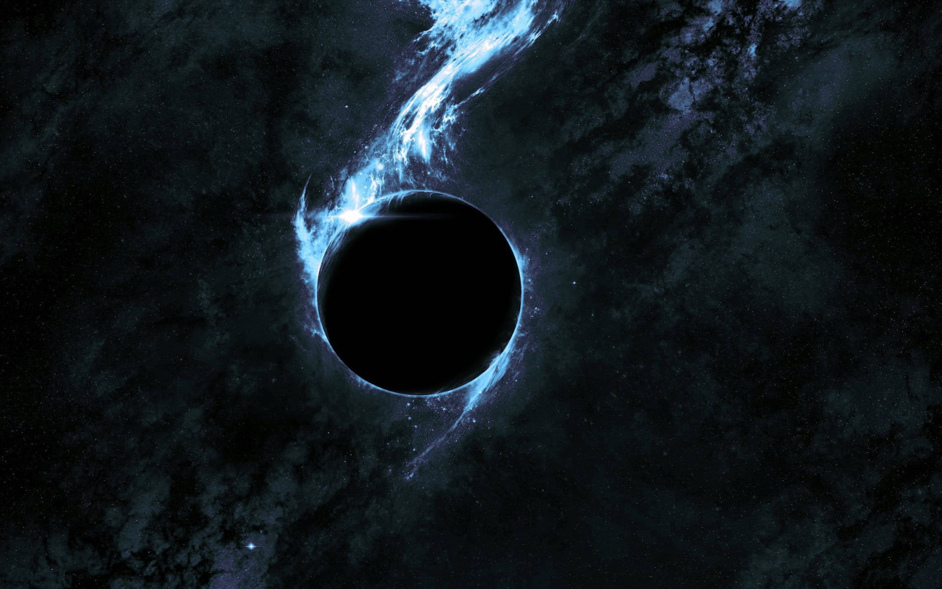 黑行星配藍色光暈 壁紙 — 一個宇宙黑洞，帶有發光的藍色吸積盤，在黑暗的星空背景下旋轉。
