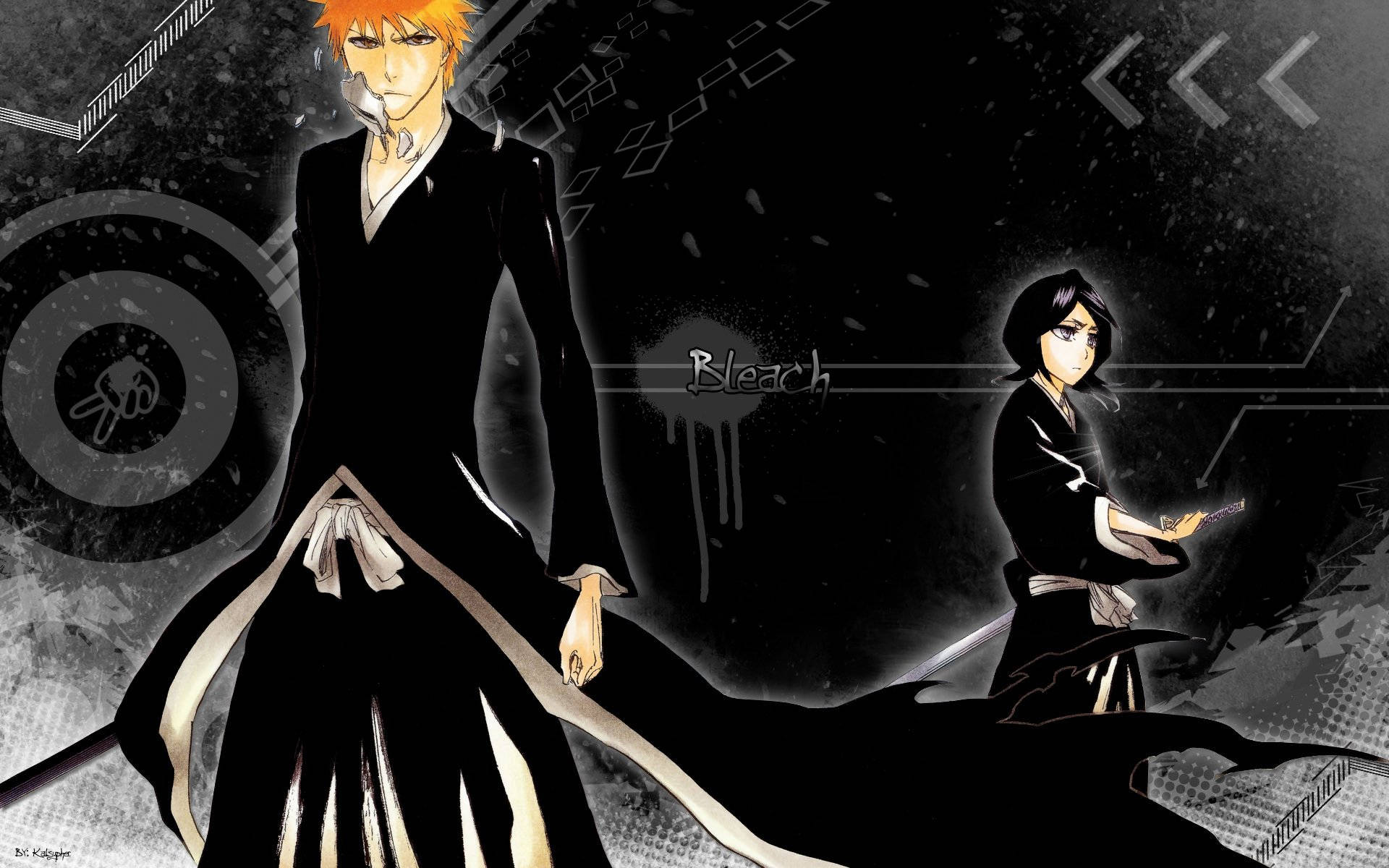 黑衣 Ichigo Kurosaki 數位藝術 壁紙 — 兩個穿著黑色神道教長袍的動漫角色，站在一個帶有發光電路圖案和「Bleach」字樣的黑暗粗糙背景前。