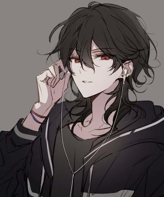 黑髮紅眼的動漫男孩，戴著耳機和黑色連帽衫。