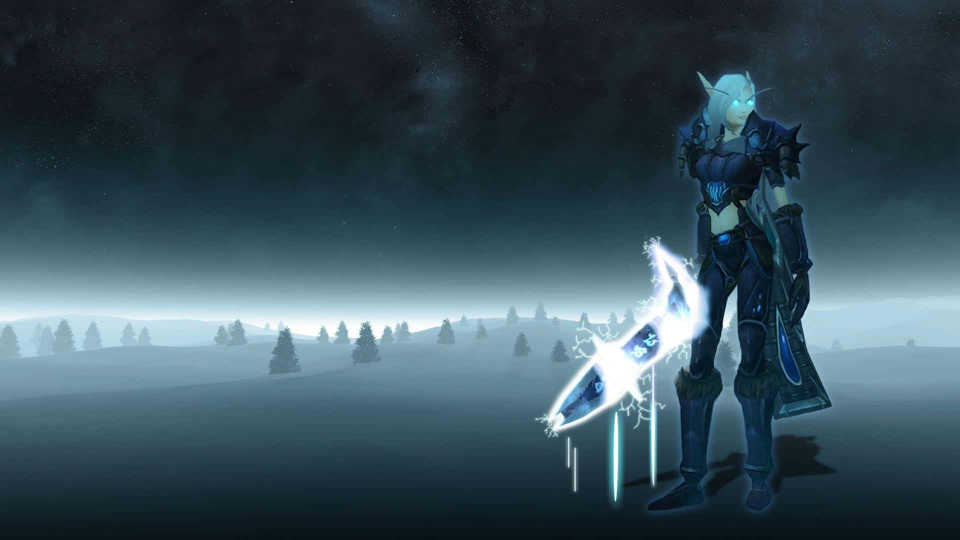 一個身穿藍色盔甲的精靈戰士在夜晚的雪地森林中手持一把發光的劍。