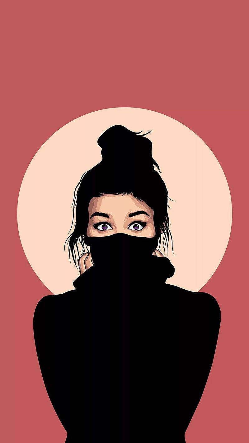 黑衣電話女孩 壁紙 — 一個風格化的插圖，描繪一位擁有紫色眼睛、戴著黑色口罩遮住嘴巴和脖子的女性，背景為柔和的紅色。