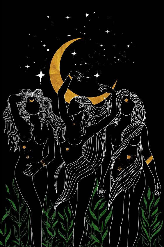 三位長髮女士喺新月同星星下
