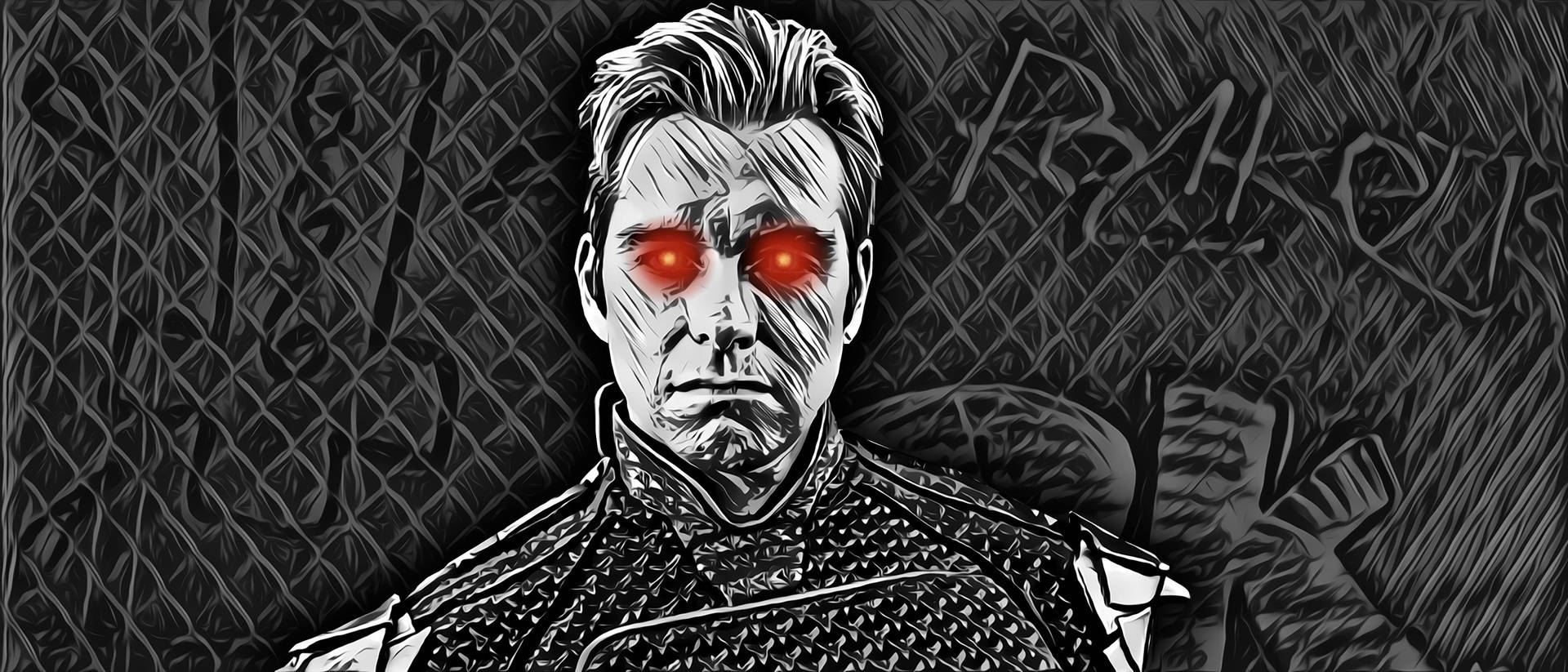 穿著盔甲、眼睛發出紅光的男人，處於深色紋理環境中。