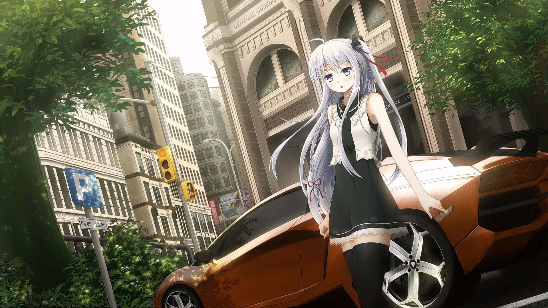 黑裙少女站在車旁 壁紙
