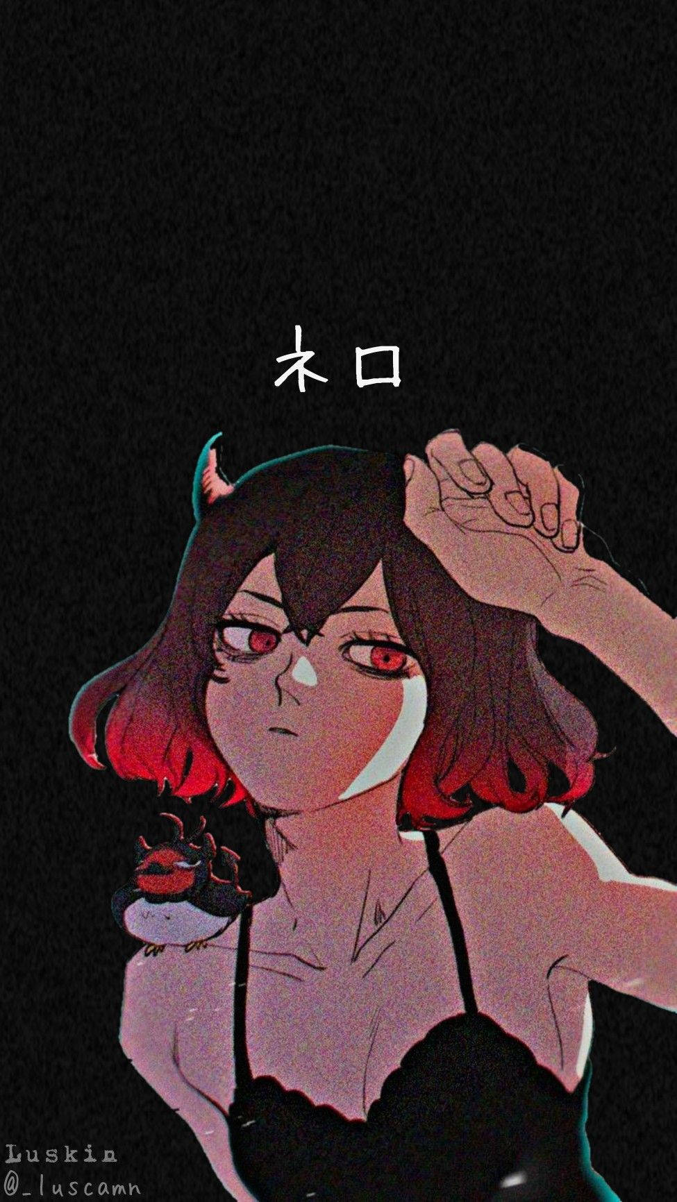 紅眼睛和角的動漫女孩在黑暗背景中抱著頭。