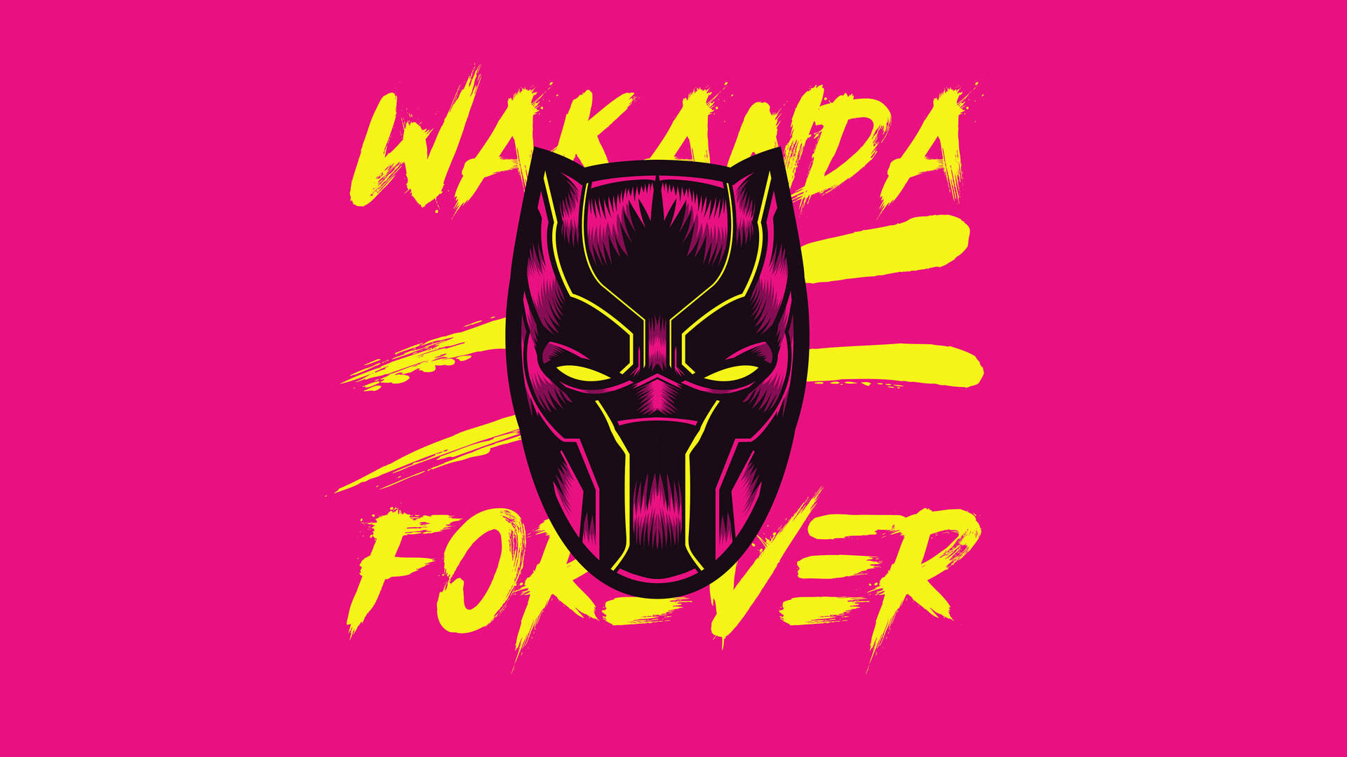 粉紅色背景上的黑色黑豹面具，帶有黃色輪廓，並有「Wakanda Forever」文字。