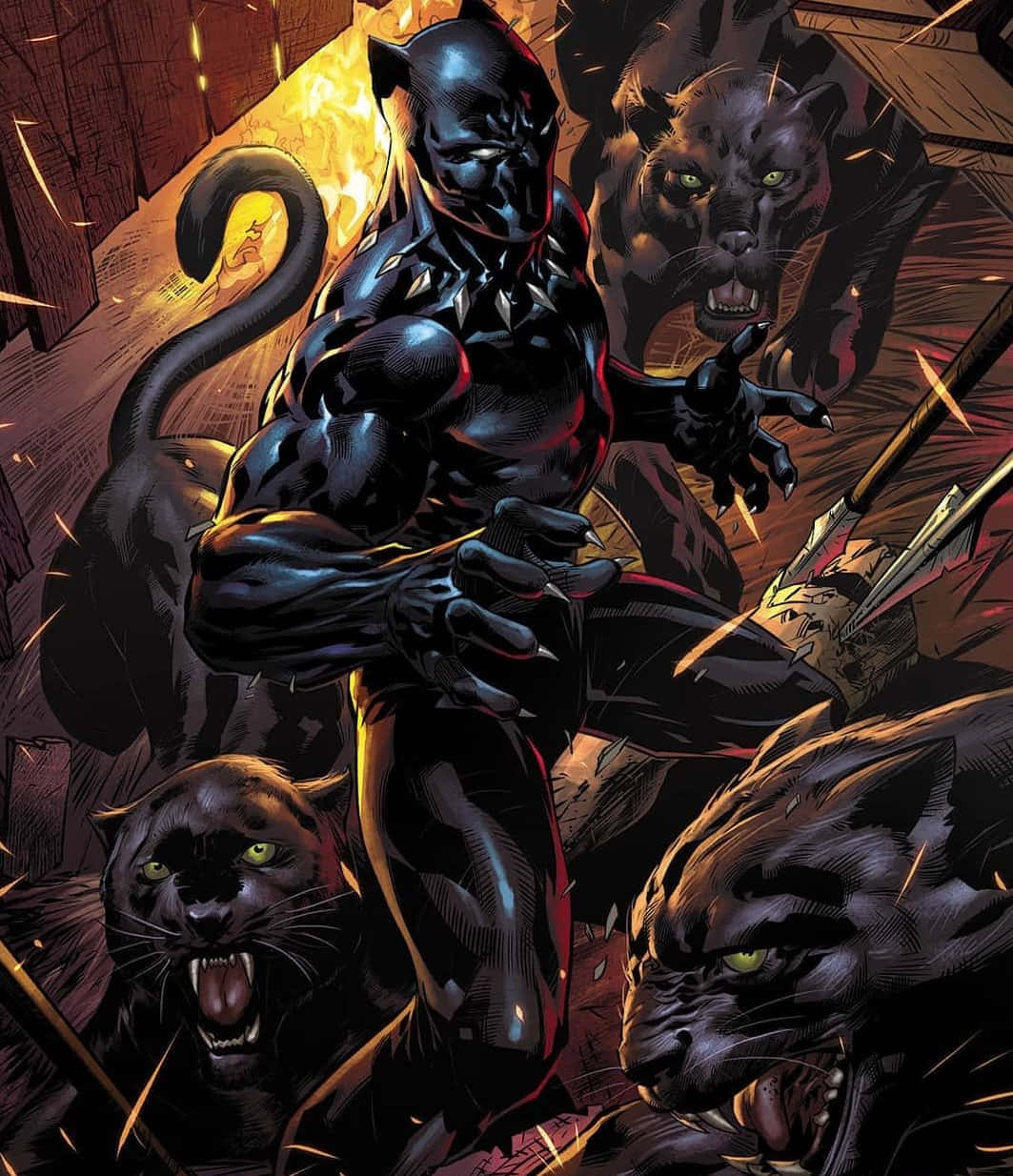 King Of Wakanda 桌布 壁紙 — 黑豹挑釁地站立，被咆哮的黑豹包圍，周圍是燃燒的碎片和破碎的木頭。