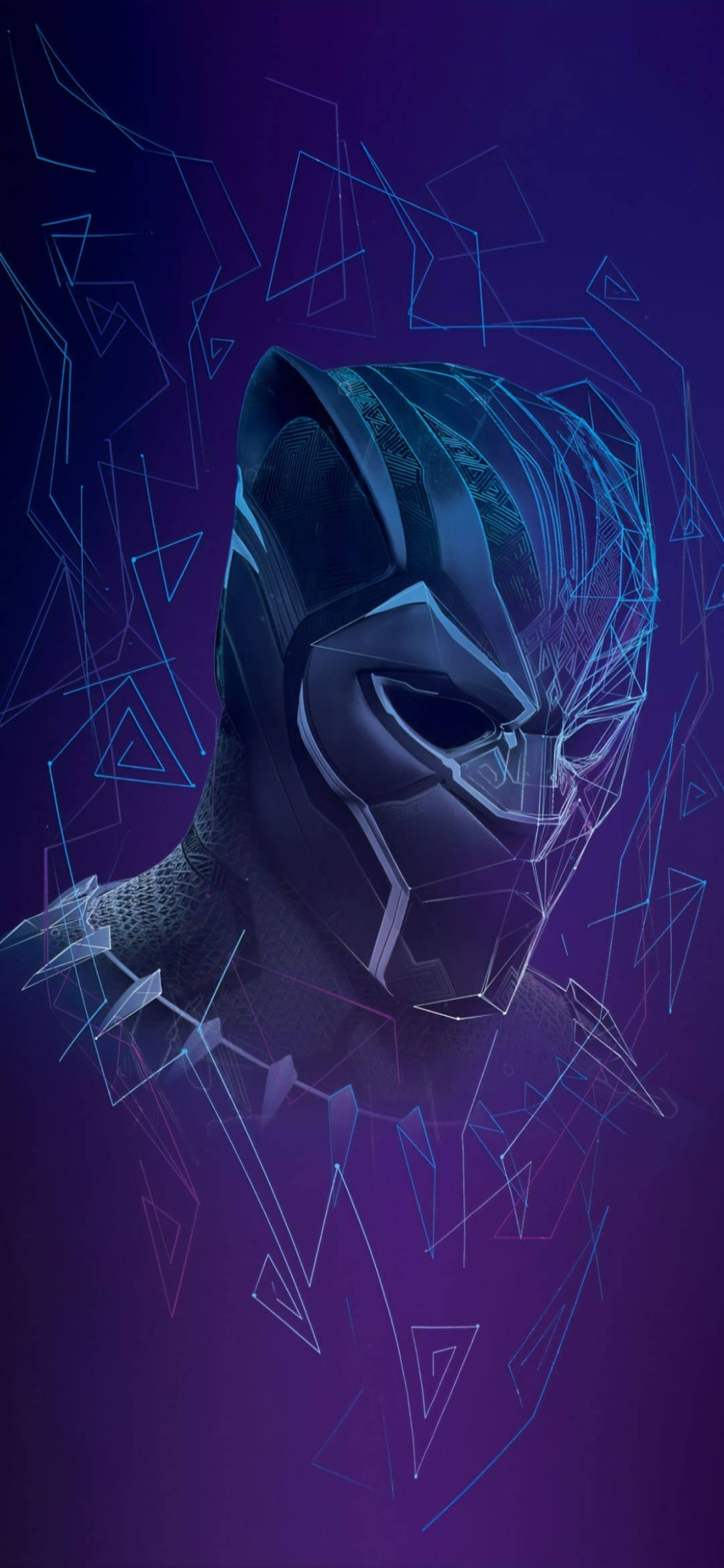 avengers android 桌布 壁紙 — 黑豹的數碼藝術肖像，帶有發光的藍色幾何線條，背景為深紫色。